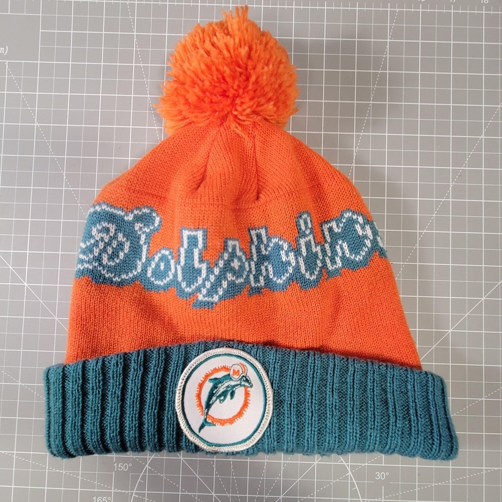 Miami Dolphins Hat Beanie Mens Orange Teal NFL Football Pom Cuffed Knit Script